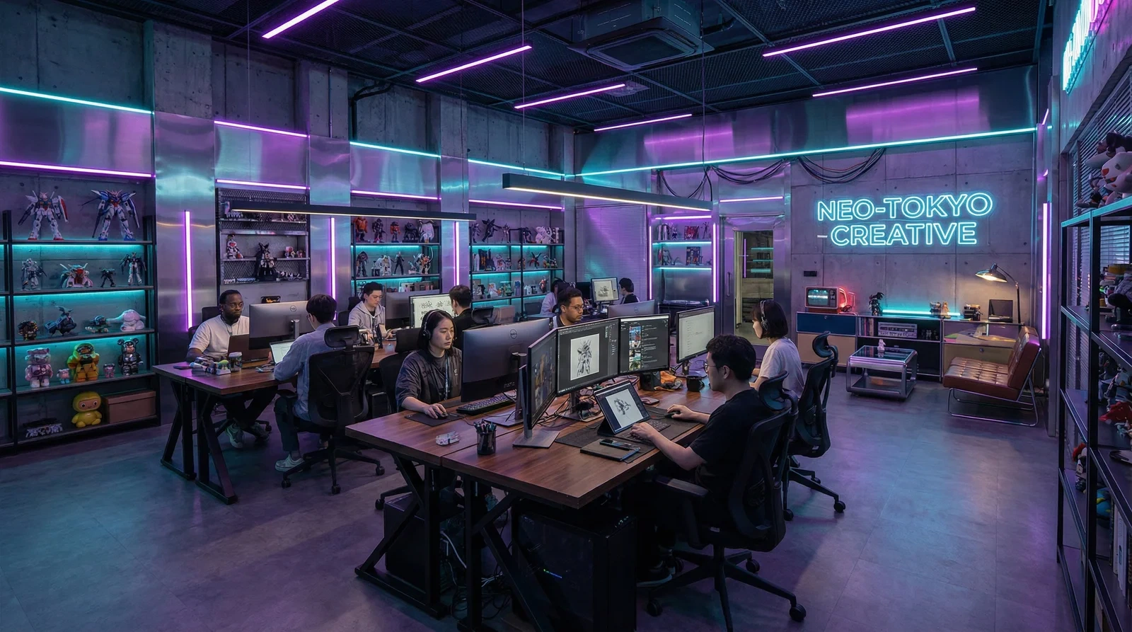 小女孩团队在赛博朋克风格创意办公室中工作